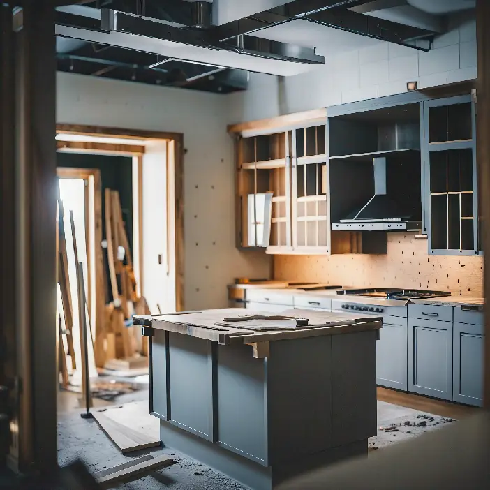 Contemporary open-kitchen interior design in Fort Myers featuring a central island under renovation