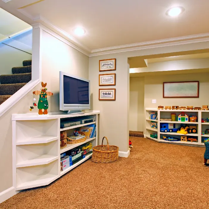 Modern transitional interior design in Fort Myers featuring built-in toy storage and media console